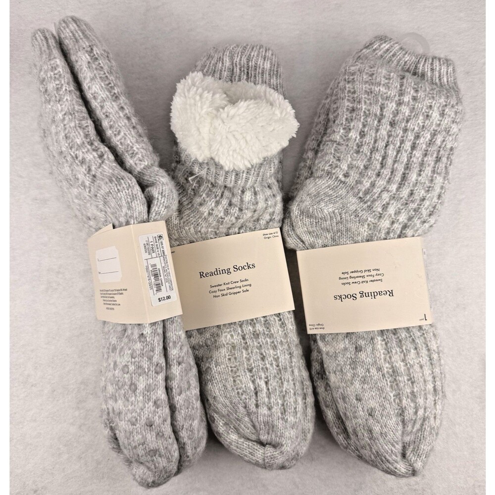 Lot 3 Pairs Reading Socks Womens 4-10 Gray Knit Sherpa Fleece Lined Slipper Grip
